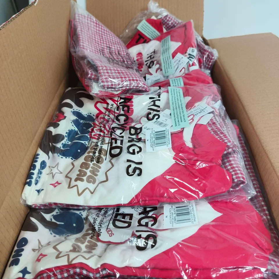 BOX OF APPROXIMATELY 25 ASSORTED CLOTHING ITEMS TO INCLUDE KIDS FAMILY CHRISTMAS RAGLAN LONG SLEEVE PJ SET VARSITY RED GINGHAM/RUDOLPH ETC