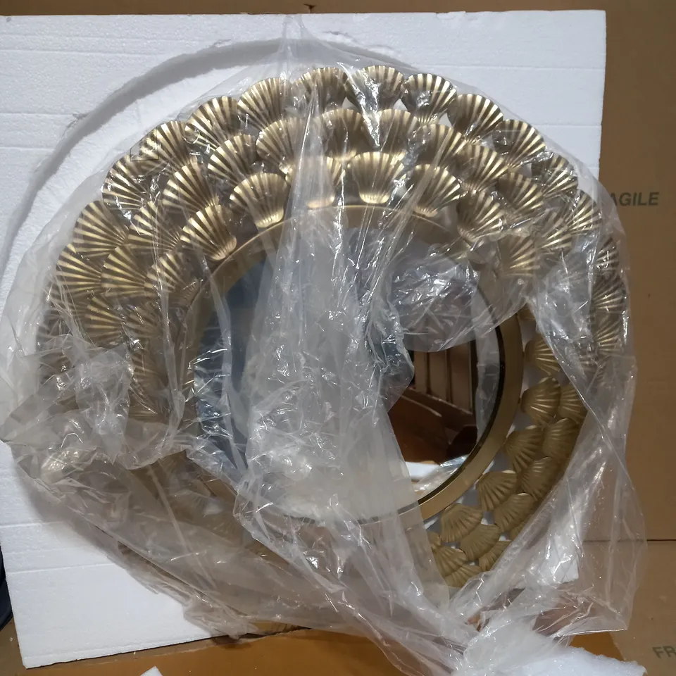 ALISON CORK ROUND EMBOSSED SCALLOP SHELL WALL MIRROR GOLD 