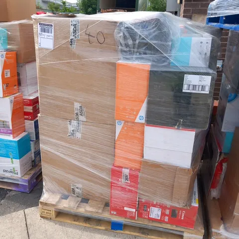 PALLET OF ASSORTED ELECTRICALS TO INCLUDE; HP PRINTER, LUETOOTH PARTY SPEAKER, POLAROID DAB RADIO, BIG BUTTON LANDLINE PHONE, WIRELESS SILENT KEYBOARD AND CANON PRINTERS
