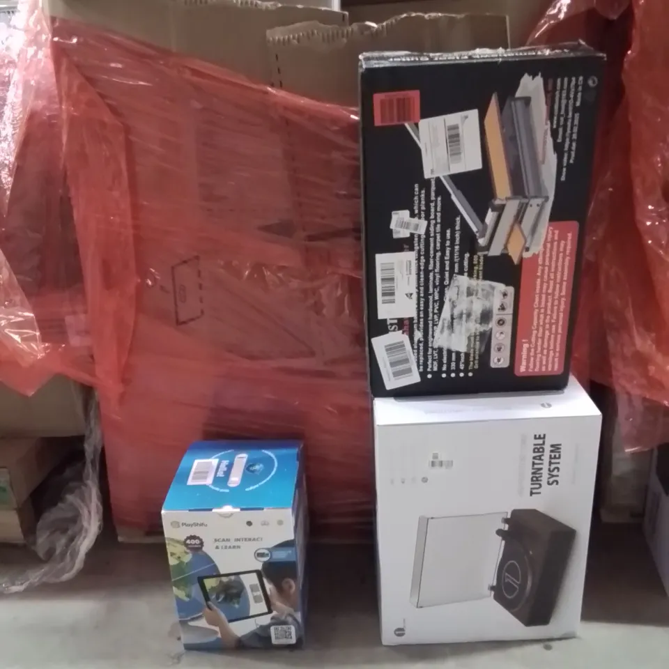 PALLET OF ASSORTED HOUSEHOLD GOODS AND PRODUCTS TO INCLUDE;TURNTABLE SYSTEM,FLOOR CUTTER,SCAN AND INTERACT KIDS GAME