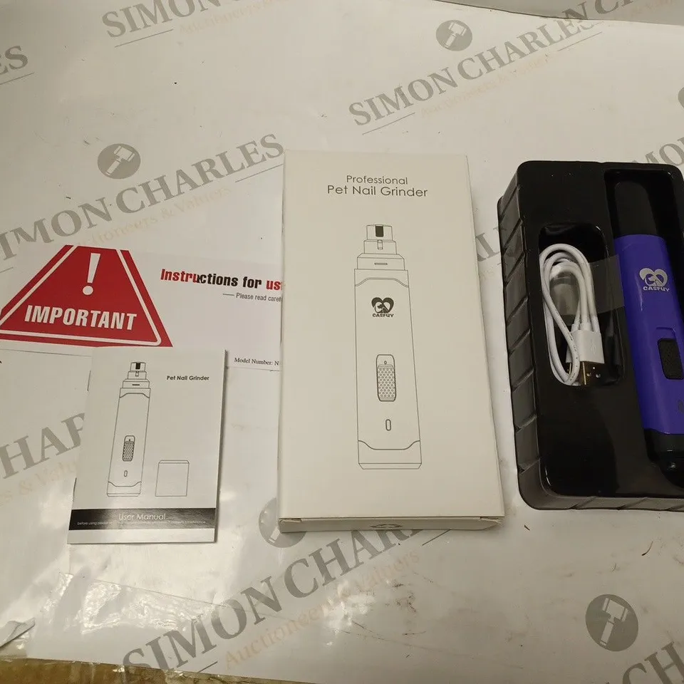 BOXED CASFUY PROFESSIONAL PET NAIL GRINDER WITH USB CHARGING CABLE AND INSTRUCTIONS