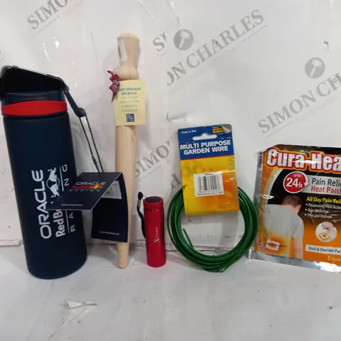 BOX OF APPROXIMATELY 9ASSORTED ITEMS TO INCLUDE - CURA HEAT PAIN RELIFE PATCH - GARDEN WIRE - FLASHLIGHT ECT