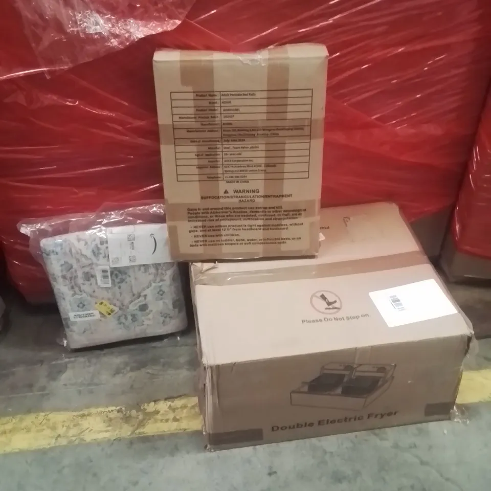 PALLET OF ASSORTED HOUSEHOLD GOODS AND PRODUCTS TO INCLUDE;DOUBLE ELECTRIC FRYER,BED RAILS,MAT