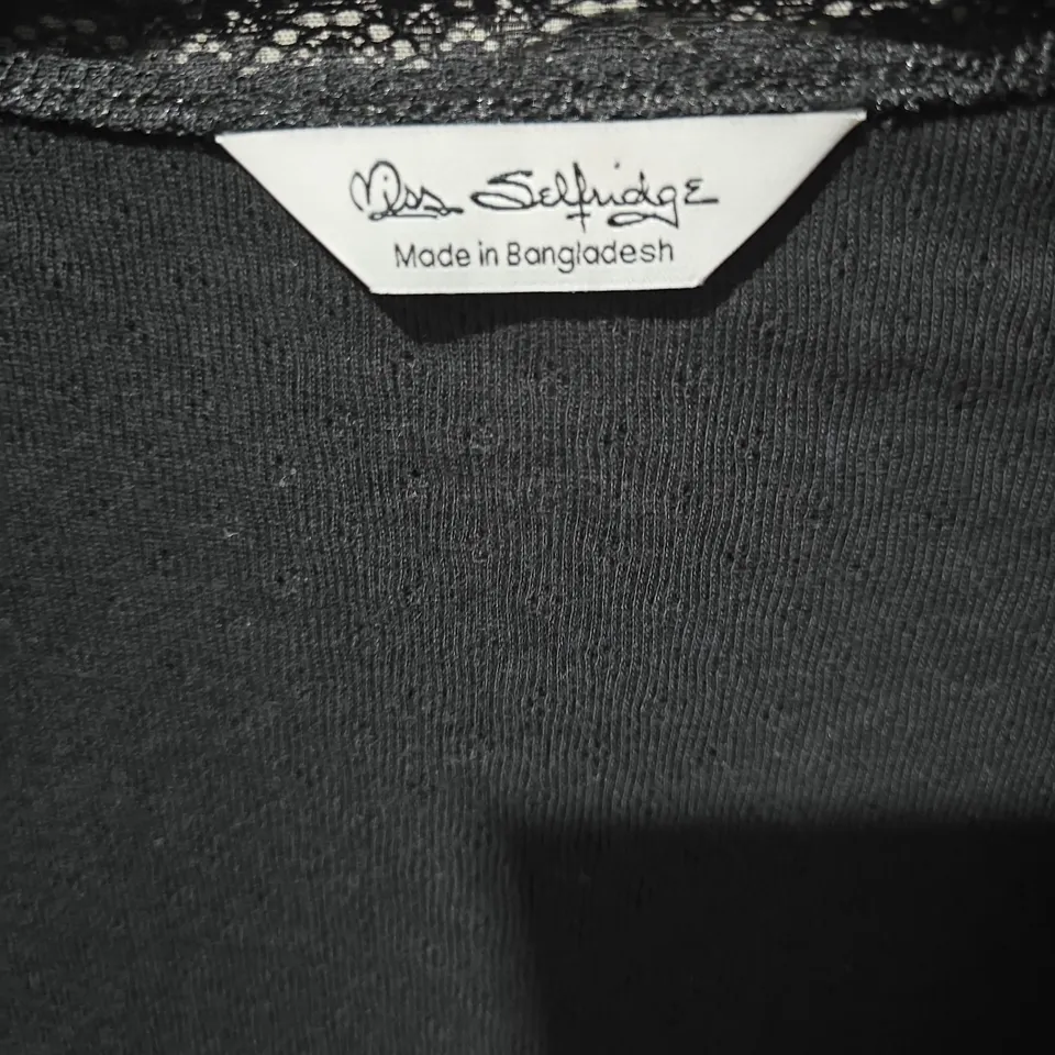 MISS SELFRIDGE BLACK WRAP-FRONT TOP WITH LACE TRIM – UK 10