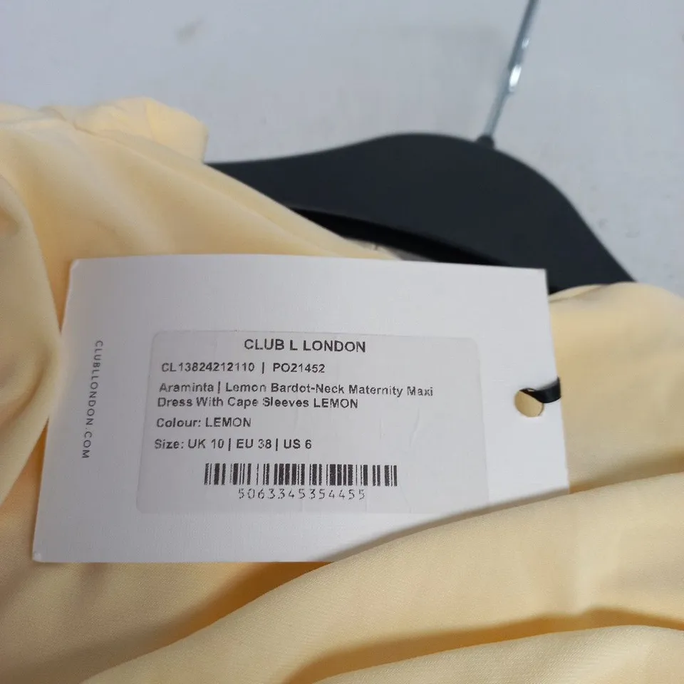 CLUB LONDON ARAMINTA LEMON BARDOT-NECK MATERNITY MAXI DRESS WITH CAPE SLEEVES – UK 10