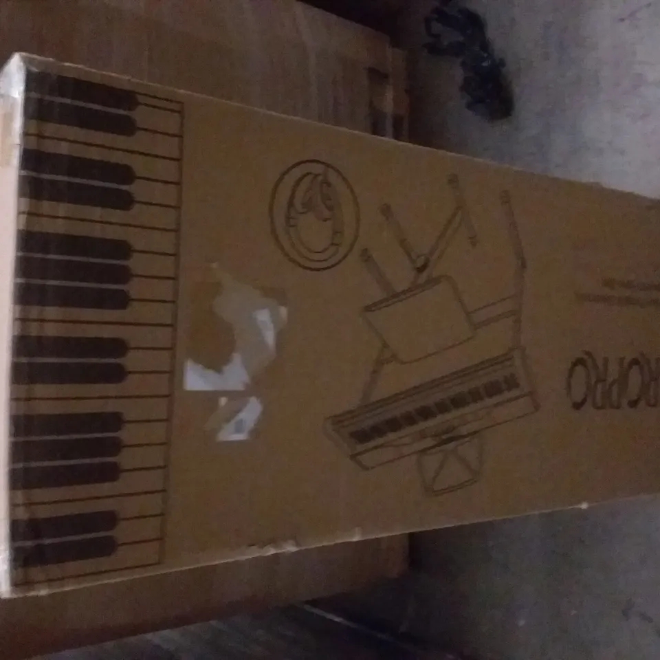 PALLET OF ASSORTED ITEMS INCLUDING BOXED 61 KEY PORTABLE ELECTRONIC KEYBOARD, AKLOT UKULELE, SLEEPING BAG, LEATHER CALF STRAPS, FOLDABLE LED LIGHT BOX