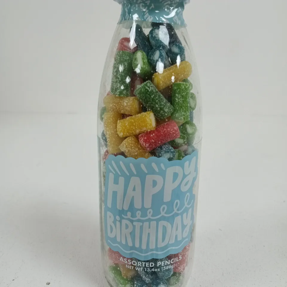 HAPPY BIRTHDAY ASSORTED PENCIL CANDIES IN GLASS BOTTLE – 380 G