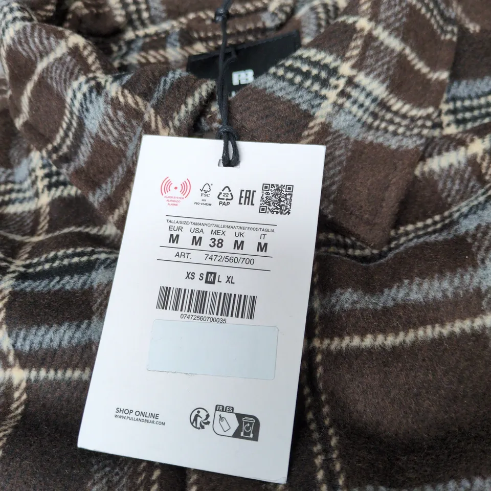 PULL&BEAR MEN'S BROWN PLAID FLANNEL SHIRT – SIZE M