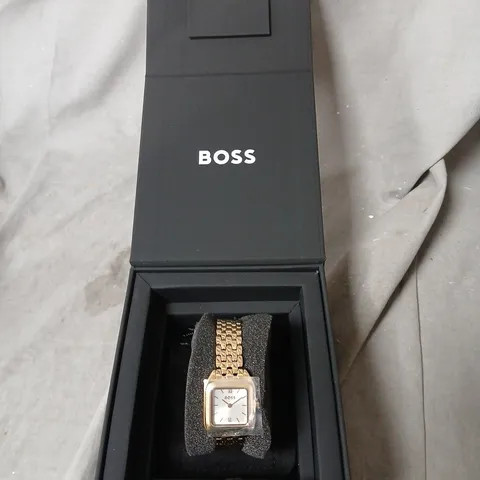 HUGO BOSS WRISTWATCH – GOLD-TONE SQUARE CASE, LINKED BRACELET, IN BLACK BOSS BOX