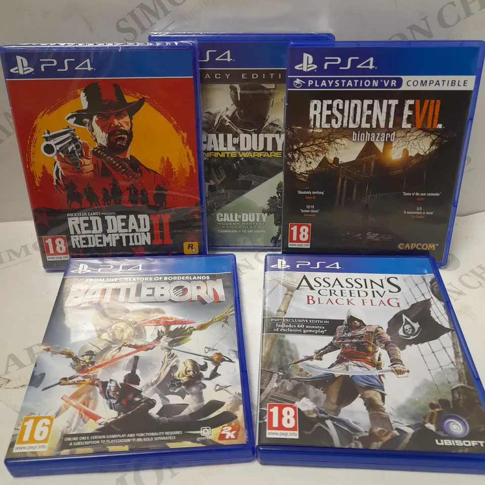 LOT OF 5 ASSORTED PLAYSTATION 4 GAMES TO INCLUDE CALL OF DUTY INFINITE WARFARE, RESIDENT EVIL, ASSASSIN'S CREED IV BLACK FLAG, ETC