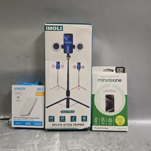 APPROXIMATELY 15 ASSORTED ELECTRICAL ITEMS TO INCLUDE SELFIE STICK TRIPOD, POWER BANK, ETC