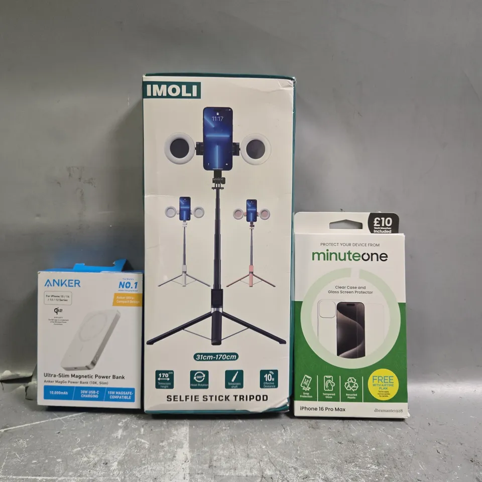 APPROXIMATELY 15 ASSORTED ELECTRICAL ITEMS TO INCLUDE SELFIE STICK TRIPOD, POWER BANK, ETC