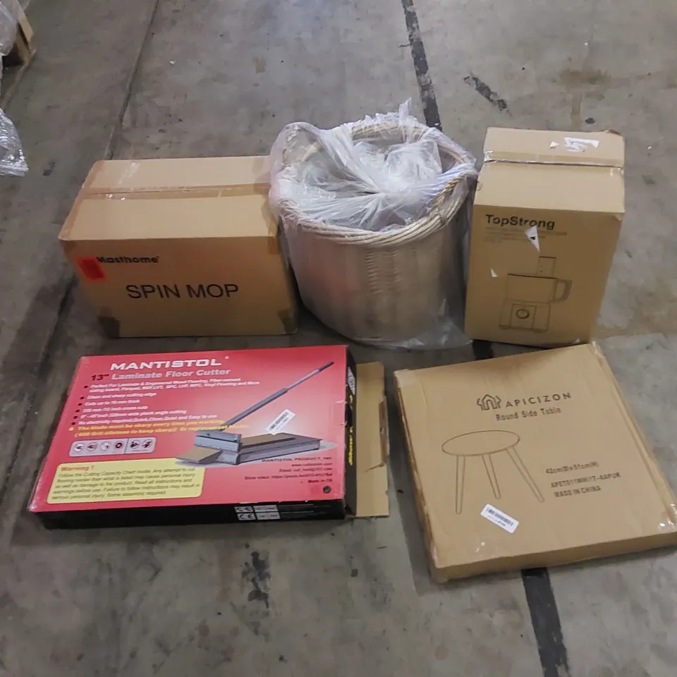 PALLET TO CONTAIN ASSORTED HOUSEHOLD ITEMS AND CONSUMER PRODUCTS. INCLUDING LAMINATE FLOOR CUTTER, SPIN MOP, BASKET, SIDE TABLE, FOOD PROCESSOR, LEAF BLOWER ETC