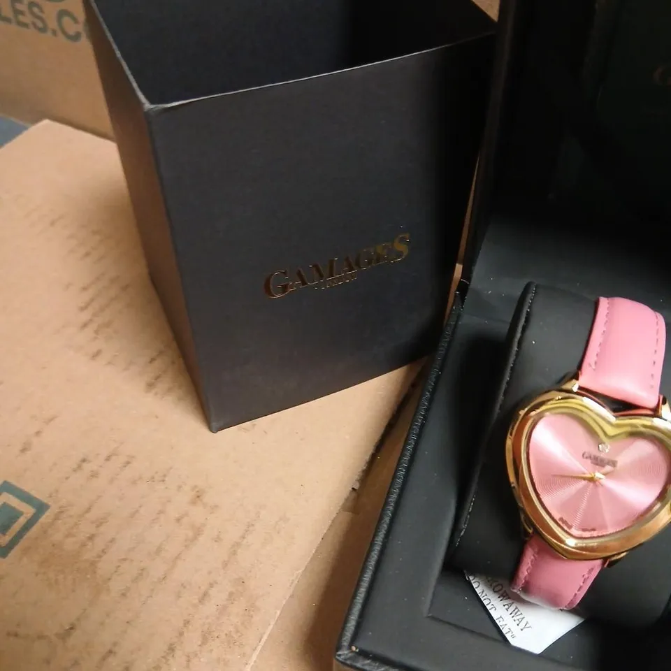 GAMAGES LONDON LADIES' HEART-SHAPED GOLD-TONE WRISTWATCH WITH PINK LEATHER STRAP – BOXED