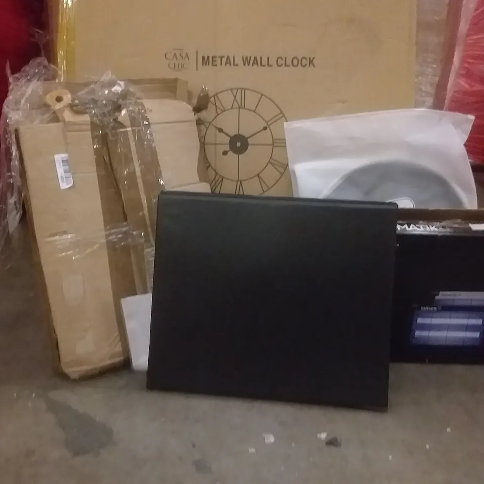 PALLET OF ASSORTED ITEMS INCLUDING METAL WALL CLOCK, ZAPMATIK , STORAGE BASKET ,FOLDER,CHOPPING BOARD SET 