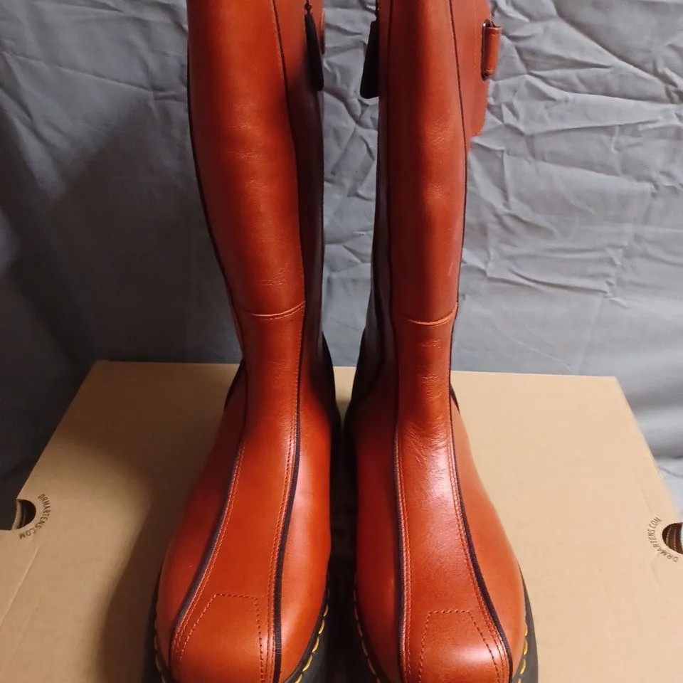 BOXED PAIR OF DR. MARTENS LEATHER BOOTS – ORANGE-BROWN TALL SHAFT - UK SIZE 8