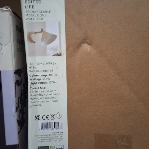 BOXED DUNELM EDITED LIFE RECHARGEABLE METAL CONE WALL LIGHT