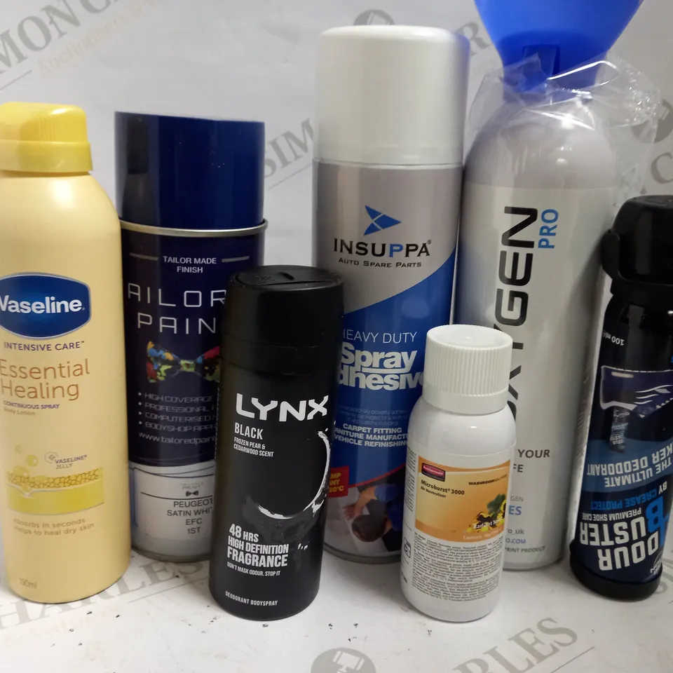BOX OF APPROX 10 ASSORTED AEROSOLS INCLUDING INSUPPA SPRAY ADHESIVE, VASELINE ESSENTIAL HEALING AND TAILORED PAINT - COLLECTION ONLY