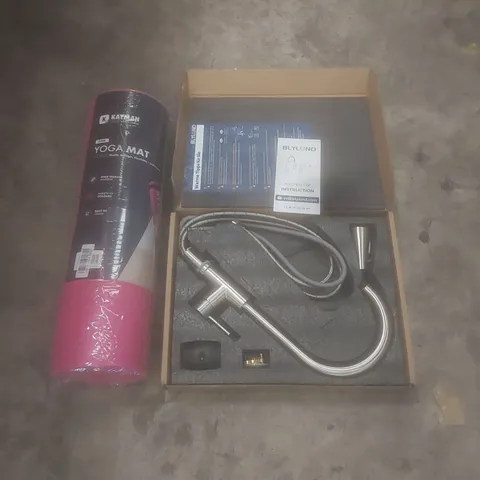 PALLET OF ASSORTED HOUSEHOLD GOODS AND PRODUCTS TO INCLUDE; KAYMAN YOGA MAT, KITCHEN FAUCET, BOXED FURNITURE ETC