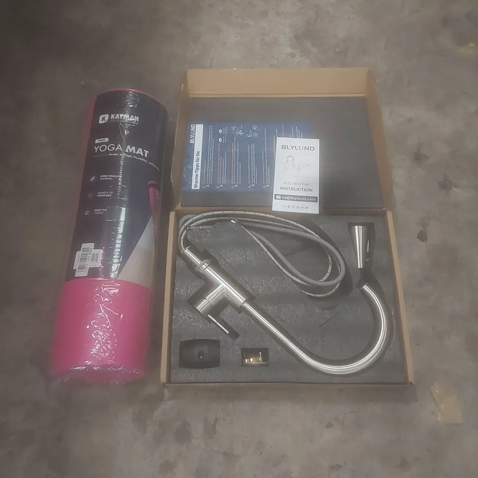 PALLET OF ASSORTED HOUSEHOLD GOODS AND PRODUCTS TO INCLUDE; KAYMAN YOGA MAT, KITCHEN FAUCET, BOXED FURNITURE ETC 