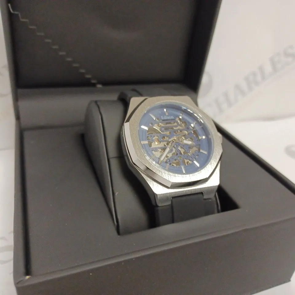 EDISON AUTOMATIC ROADSTER HEXAGON MENS WATCH - STAINLESS STEEL CASE - BLACK RUBBER STRAP - 3ATM WATER RESISTANT - DISPLAY BOX