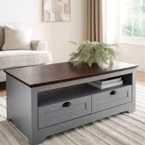 BOXED DEVON STORAGE COFFEE TABLE - GREY/WALNUT (1 BOX)