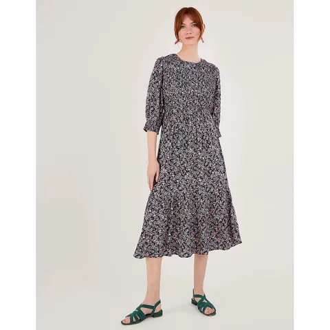 MONSOON 3/4 SLEEVE PRINTED SHIRRED DRESS IN NAVY FLORAL - SIZE 12