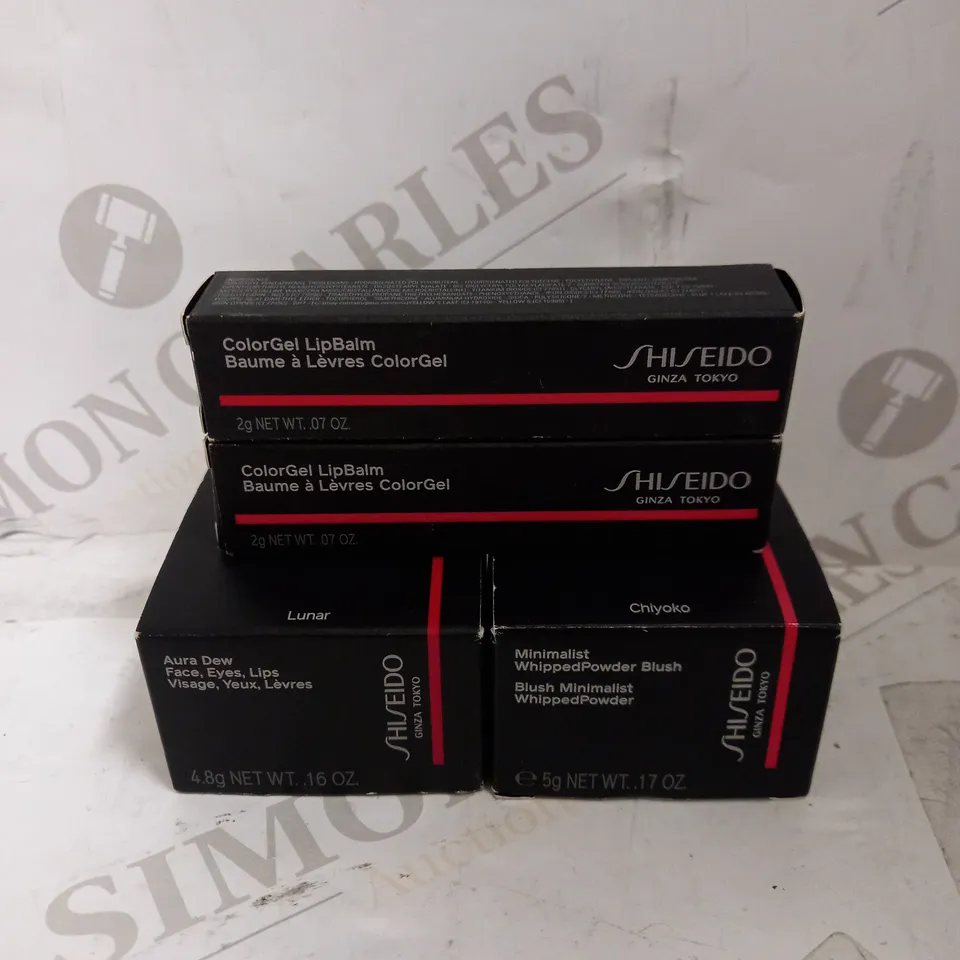 LOT OF 4 ASSORTED SHISEIDO PRODUCTS TO INCLUDE AURA DEW MULTIUSE FACE HIGHLIGHTER - LUNAR SILVER, MINIMALIST WHIPPEDPOWDER BLUSH -02 CHIYOKO, LIPBALM, 112 TIGER LILY, ETC