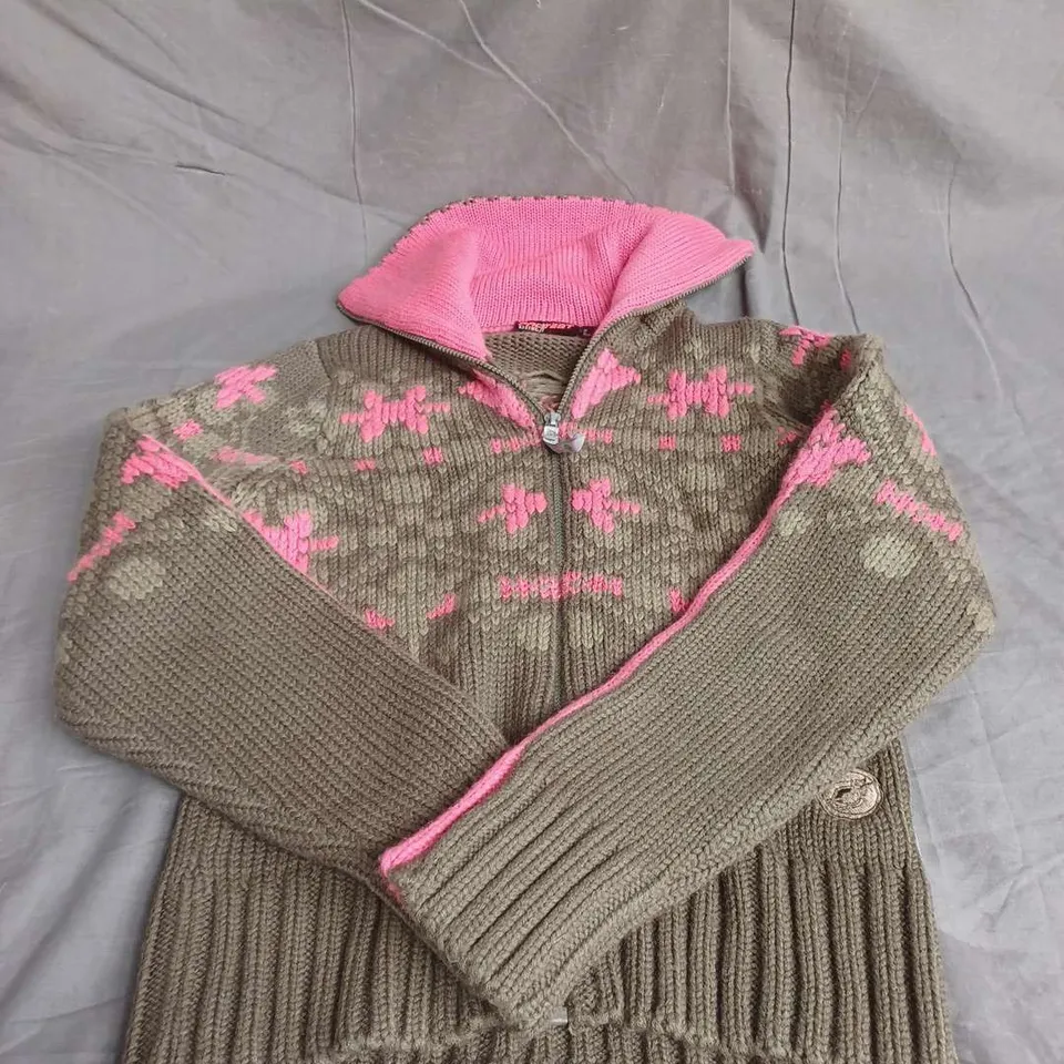 PROTEST ZIP UP KNIT SWEATER IN KHAKI/PINK SIZE 12