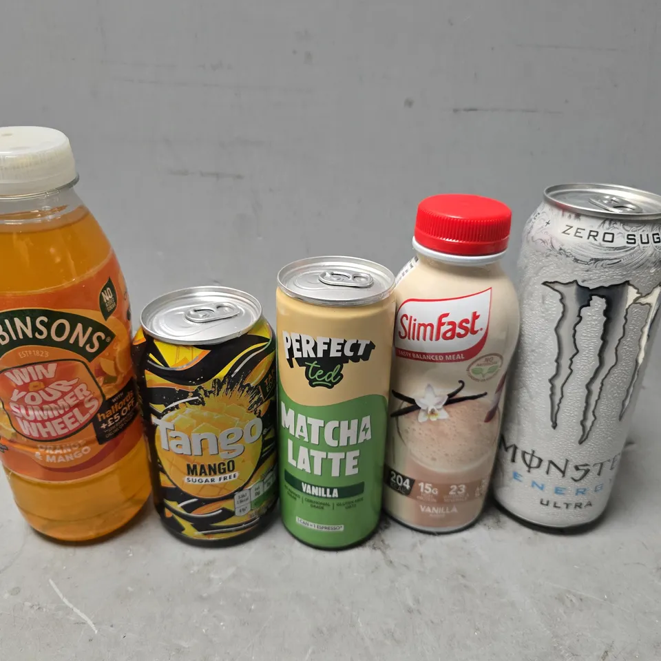 APPROXIMATELY 14 ASSORTED FOOD & DRINK ITEMS TO INCLUDE - ROBINSONS MANGO & ORANGE , TANGO MANGO , MONSTER ZERO SUGAR ETC