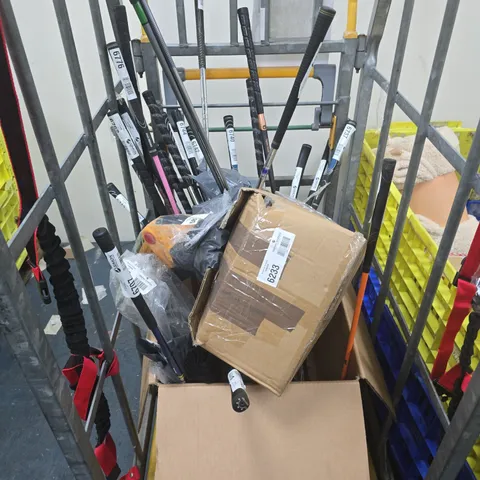 CAGE OF APPROX 15 ASSORTED ITEMS TO INCLUDE GOLF CLUBS , TOY CHAINSAW AND CLOTHING ITEMS , ETC - COLLECTION ONLY