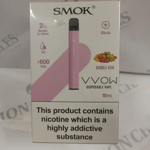 SEALED SMOK VVOW 10-PACK OF DISPOSABLE VAPES - BUBBLE GUM