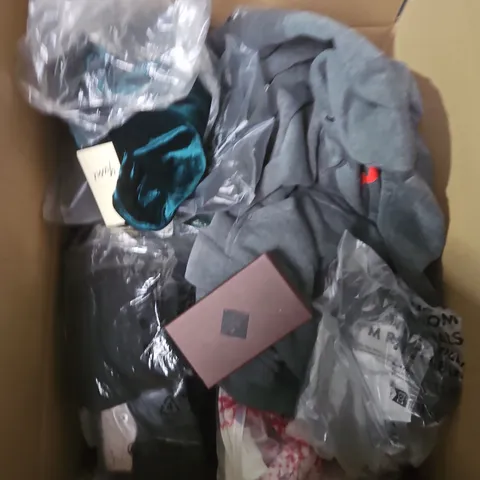 LARGE BOX OF APPROXIMATELY 25 ASSORTED CLOTHING ITEMS IN VARIOUS COLOURS, STYLES AND SIZES - COLLECTION ONLY