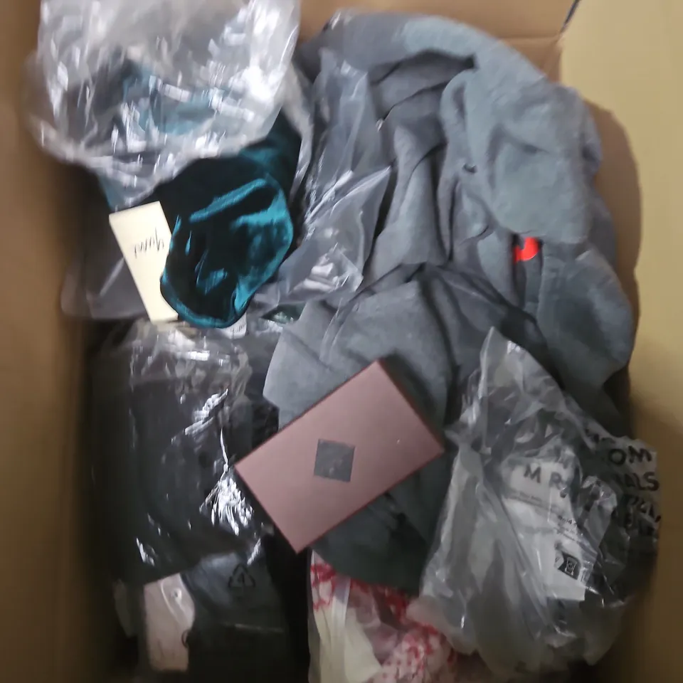 LARGE BOX OF APPROXIMATELY 25 ASSORTED CLOTHING ITEMS IN VARIOUS COLOURS, STYLES AND SIZES - COLLECTION ONLY