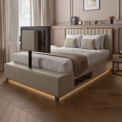 BOXED XR LIVING MAISIE VELVET TV BED WITH UNDER FRAME LED LIGHTS - DOUBLE - NATURAL STONE (3 BOXES)
