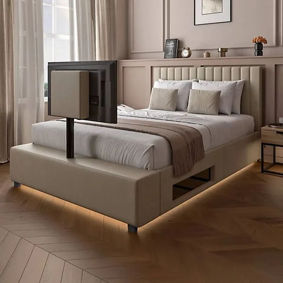 BOXED XR LIVING MAISIE VELVET TV BED WITH UNDER FRAME LED LIGHTS - DOUBLE - NATURAL STONE (3 BOXES)