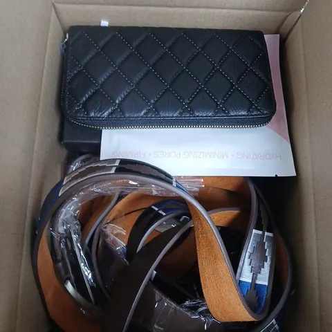 BOX CONTAINING A MIX OF APPROXIMATELY 10 BELTS, EYE-MASKS AND WALLETS ETC.