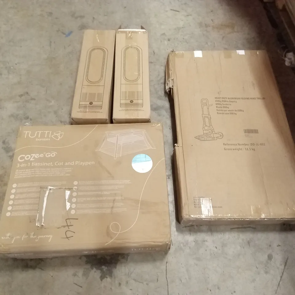 PALLET OF ASSORTED HOUSEHOLD GOODS & PRODUCTS TO INCLUDE; AIR COOLERS, BASSINET COT, FOLDING HAND TROLLEY, BOXED FURNITURE ETC 