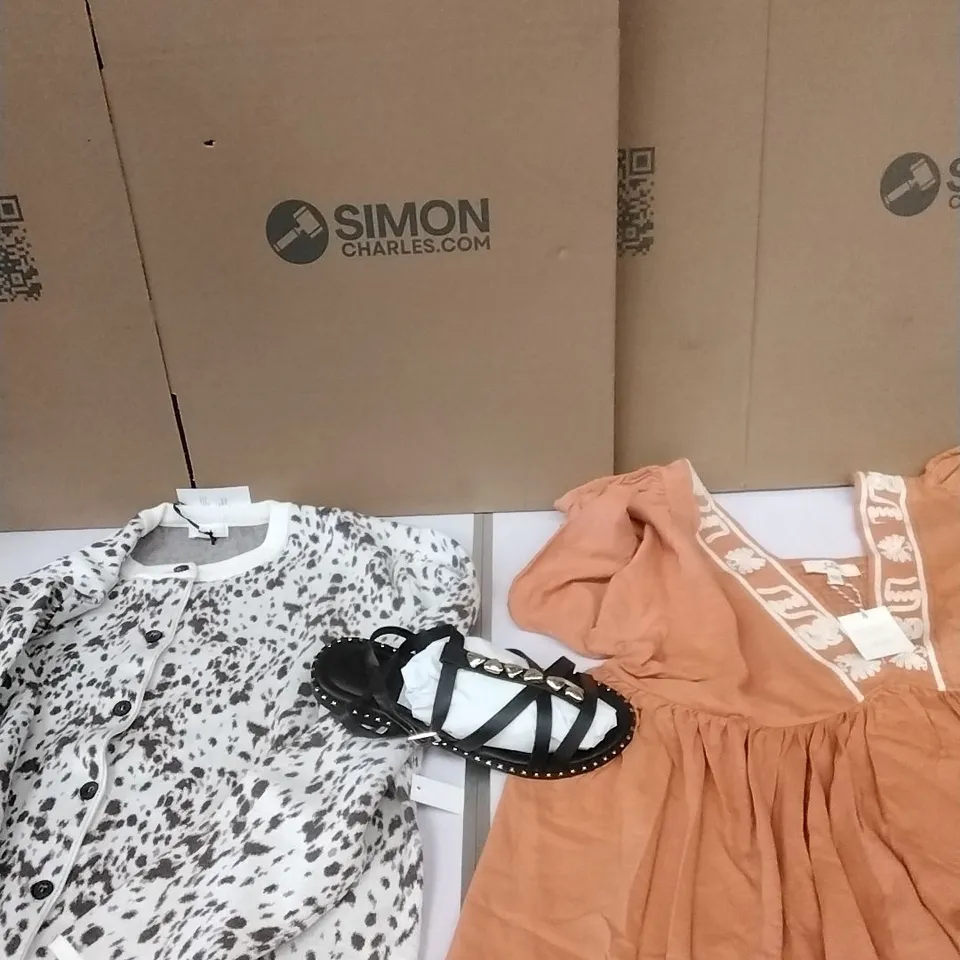 A PALLET TO CONTAIN APPROXIMATELY 100 BRAND NEW DESIGNER WOMEN'S CLOTHES WHICH INCLUDE; JD WILLIAMS TOPS, CARDIGANS, SIMPLY BE SANDALS ETC
