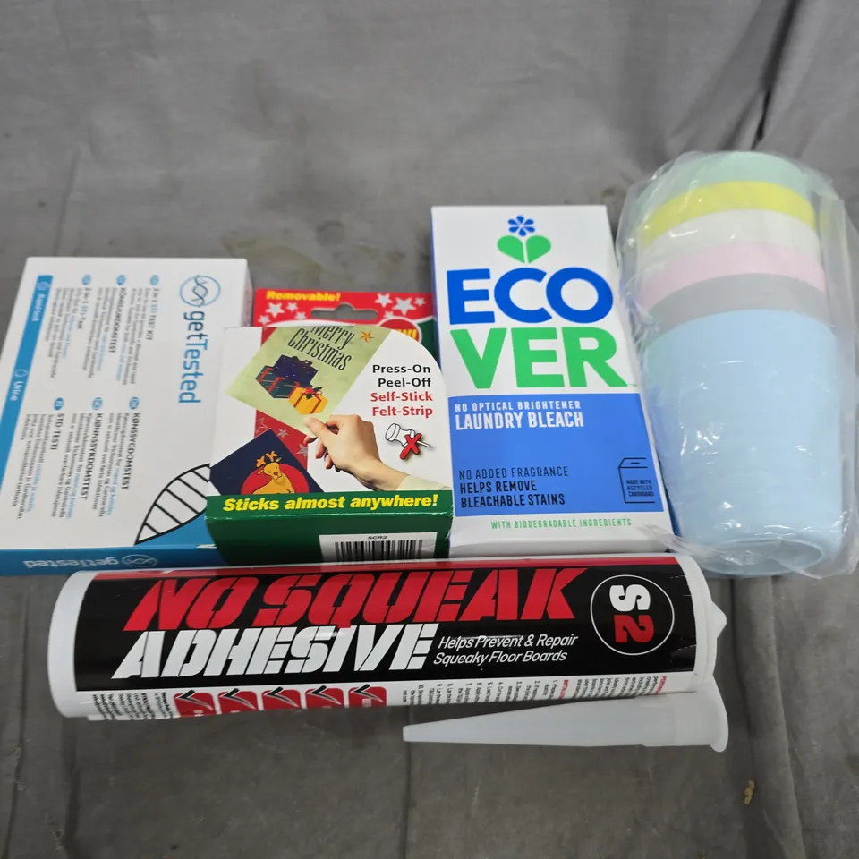 APPROXIMATELY 5 ASSORTED HOUSEHOLD ITEMS TO INCLUDE LAUNDRY BLEACH, SELF STICK TAPE AND CUPS 