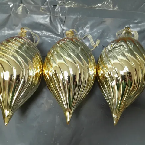 SET OF 3 GOLD RIBBED GLASS CHRISTMAS TREE BAUBLES