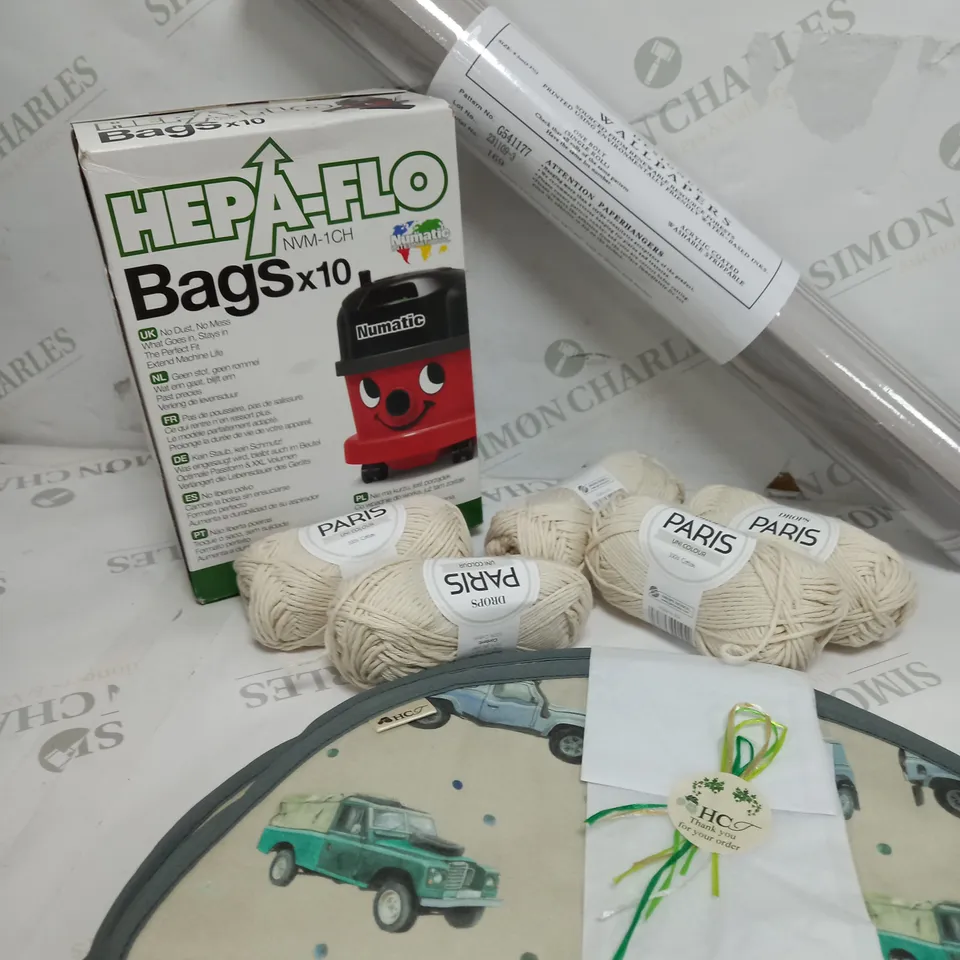 BOX OF APPROXIMATELY 10 ITEMS TO INCLUDE YARN, WALLPAPER, HEAP-FLO BAGS ETC