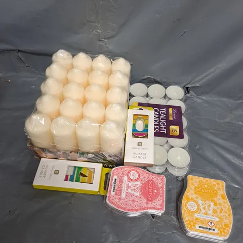 APPROXIMATELY 12 ASSORTED HOUSEHOLD ITEMS TO INCLUDE WAX MELTS, TEALIGHT CANDLES, NUMBER CANDLE, ETC