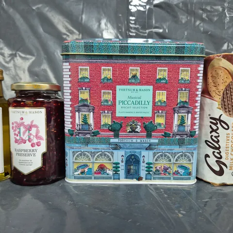 APPROXIMATELY 10 ASSORTED FOOD ITEMS TO INCLUDE GALAXY MILK CHOCOLATE DIGESTIVES, MUSICAL PICCADILLY BISCUIT SELECTION, RASPBERRY PRESERVE, ETC