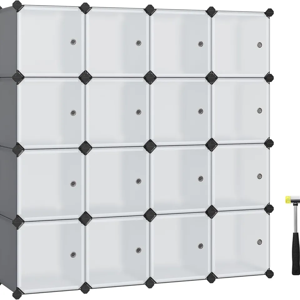 BOXED SONGMICS 16-CUBE STORAGE UNIT, SHOE RACK, STACKABLE CUBES, PLASTIC CLOSET CABINET - GREY