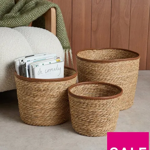 SET OF 3 ROUND STORAGE WITH LEATHER TRIM