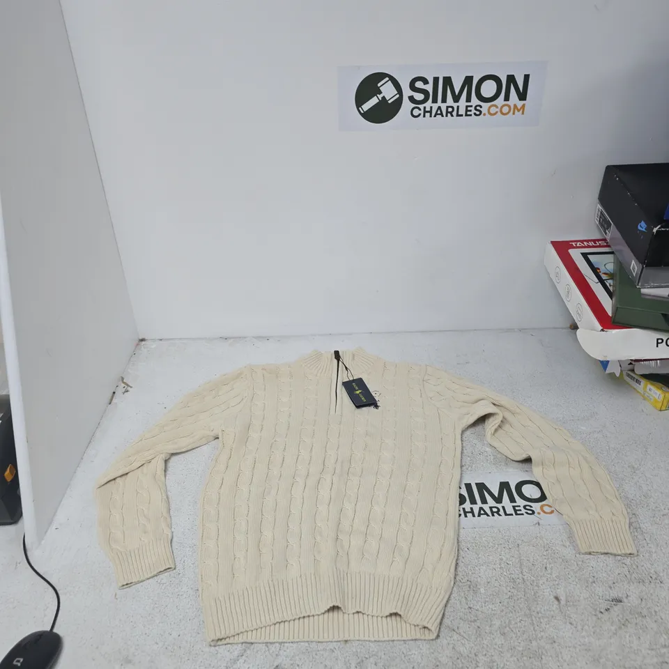 POLO RALPH LAUREN CREAM CABLE KNIT SWEATER – CUSTOM SLIM FIT, MEN’S SIZE S