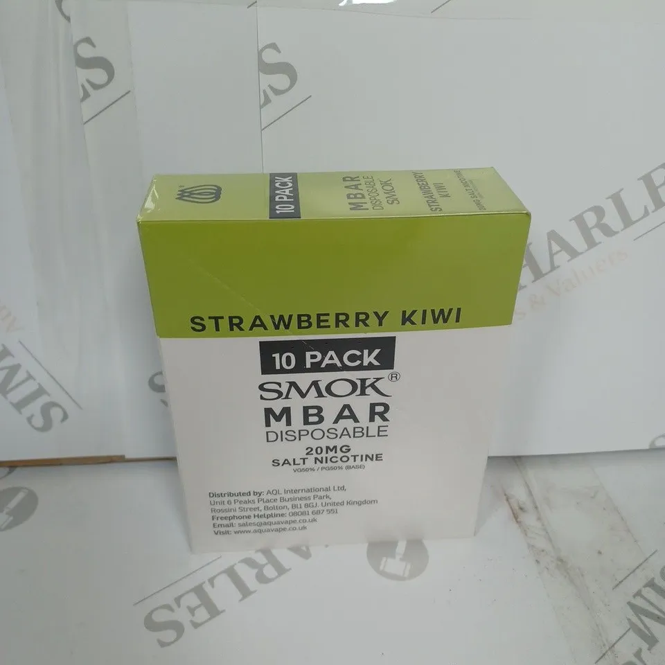 BOX OF APPROXIMATELY 10 BOXES OF STRAWBERRY KIWI 10 PACK SMOK M BAR DISPOSABLE 20MG SALT NICOTINE