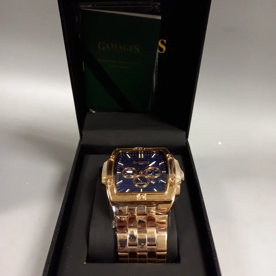 BOXED GAMAGES MAGNITUDE ROSE GOLD STAINLESS STEEL WATCH 