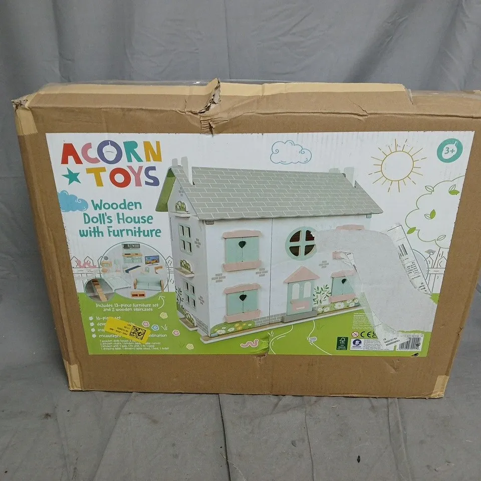 BOXED ACORN WOODEN DOLLHOUSE WITH FURNITURE